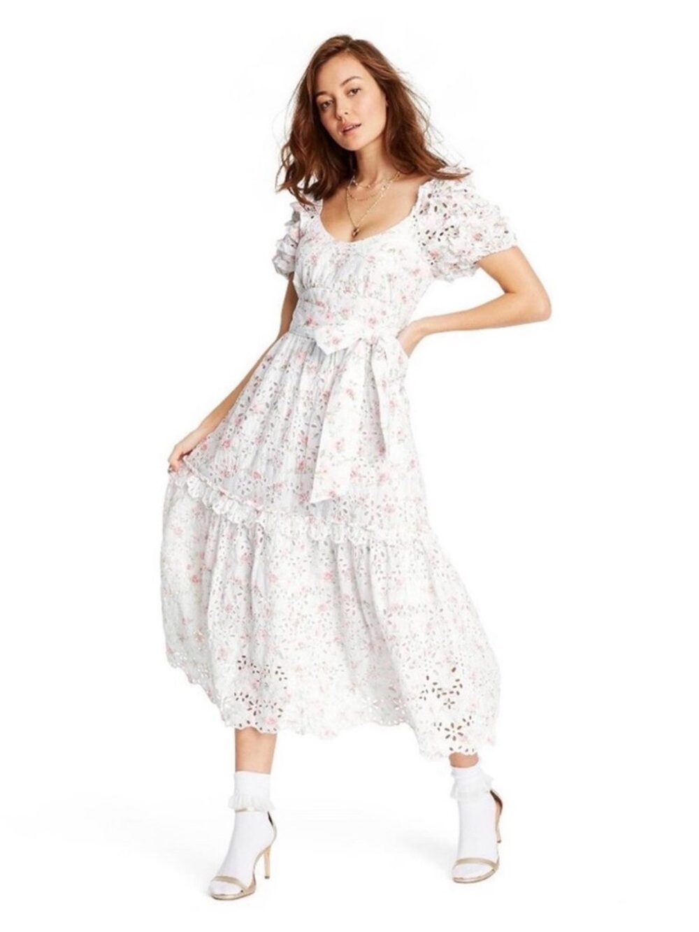 Loveshackfancy x Target Clementine White Eyelet Floral Tiered Dress Puff Sleeve